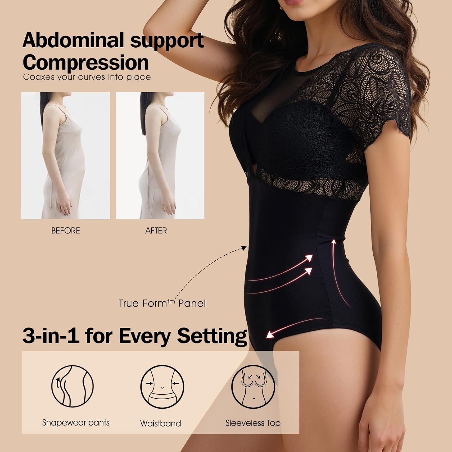 C4N Lace Bodysuit Shapewear for Women Tummy Control, Seamless Sculpting Wearable Scoop Neck Bodysuit to Wear Out (Black) - Image 5