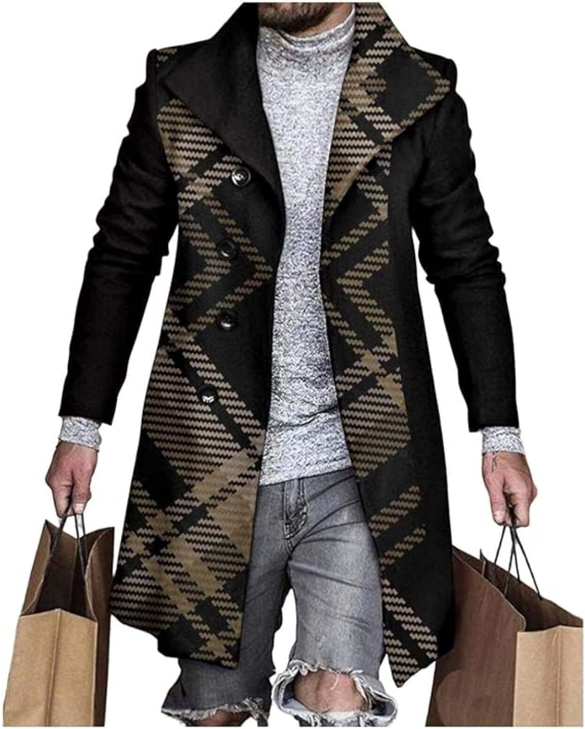 Men's Plaid Long Trench Coat Mid - Length Lapel Collar Button Down Warm Overcoat fo...