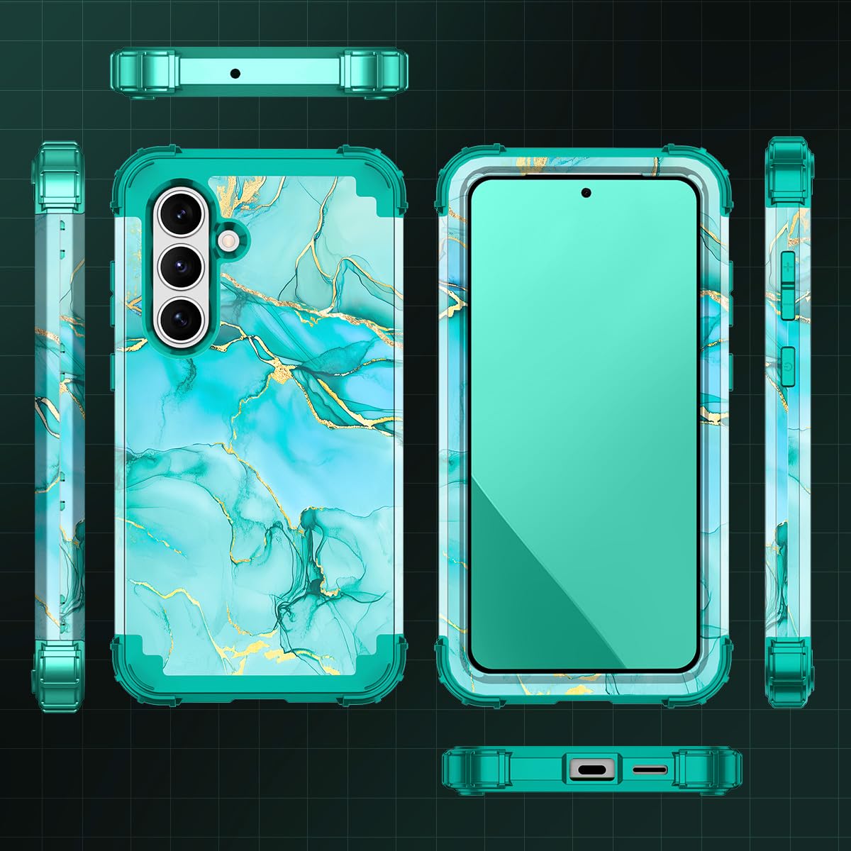 Miqala Custodia per Galaxy S25 5G, a tre strati, resistente, antiurto, protezione completa in plastica rigida+custodia protettiva in silicone morbido per Samsung Galaxy S25 da 6,2 pollici, marmo verde