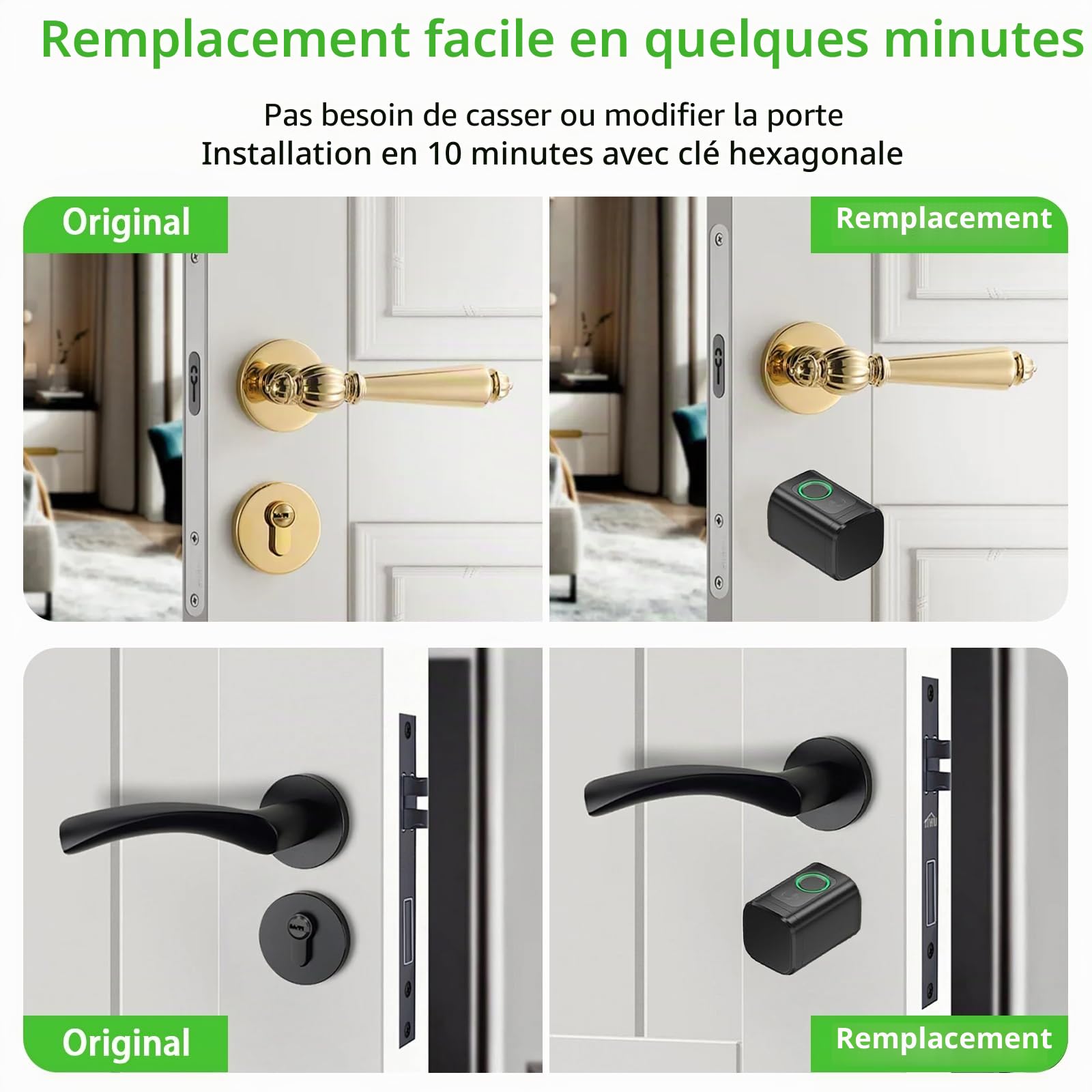 Serrure Connectée 5 en 1, Serrure de Porte avec Cylindre Réglable 60–90 mm, Déverrouillage par Empreinte, Code, Carte RFID, Tuya App, Bluetooth et Clé, Mode Invité & Mot de Passe Unique