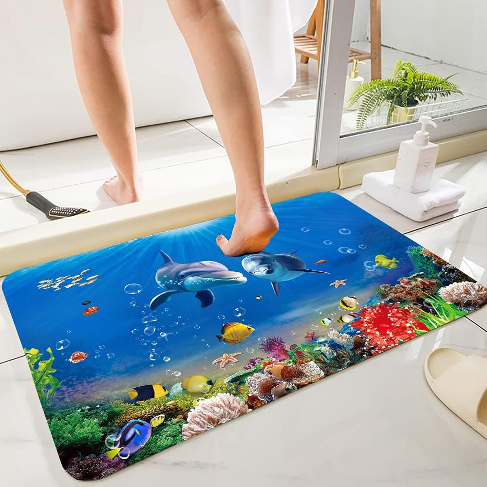 Blue Dolphin Ocean Print Memory Foam Bathroom Carpet and Door Mat, Anti-Slip and Absorbent Kitchen Floor Mat, Comfortable Flannel Shower Bed Tail Carpet, 59 X 24 Inches