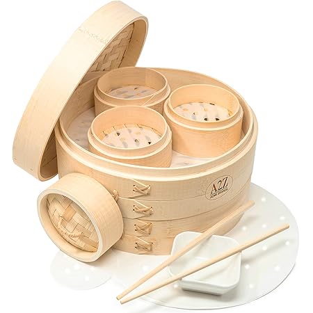 A2Z HOMEBRANDS 10" Bamboo Steamer Basket - Makes Tasty Bao Buns, Sashimi - Sturdy Dumpling Steamer Basket Includes 20 Liners - Multipurpose Bamboo Steamer 10 Inch + 4 Inch Set - Mini Dim Sum Steamer
