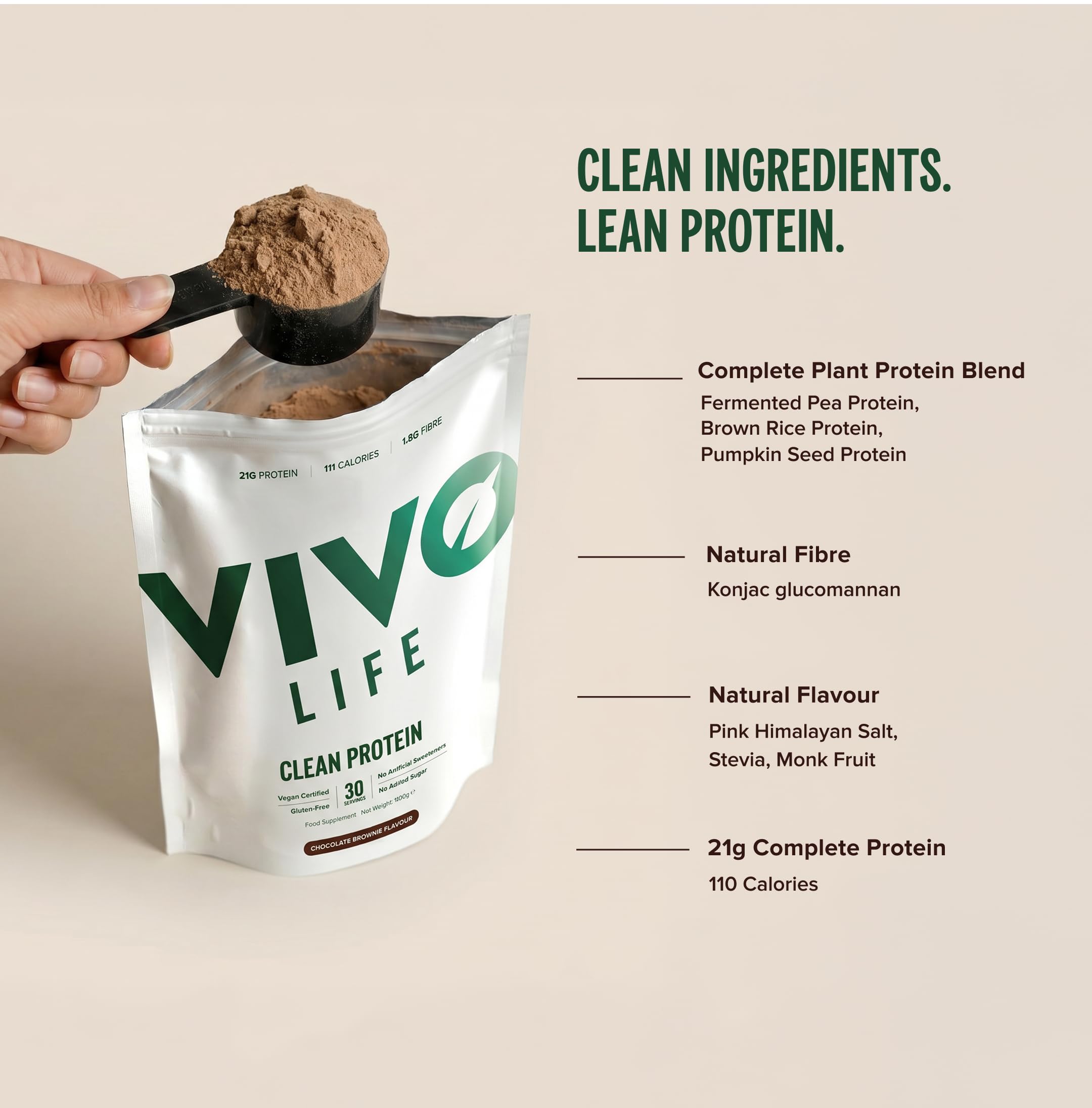Vivo Life Polvere di Proteine vegane, Non Aromatizzato – 21 grammi di proteine vegetali per dose, 30 porzioni (900g)
