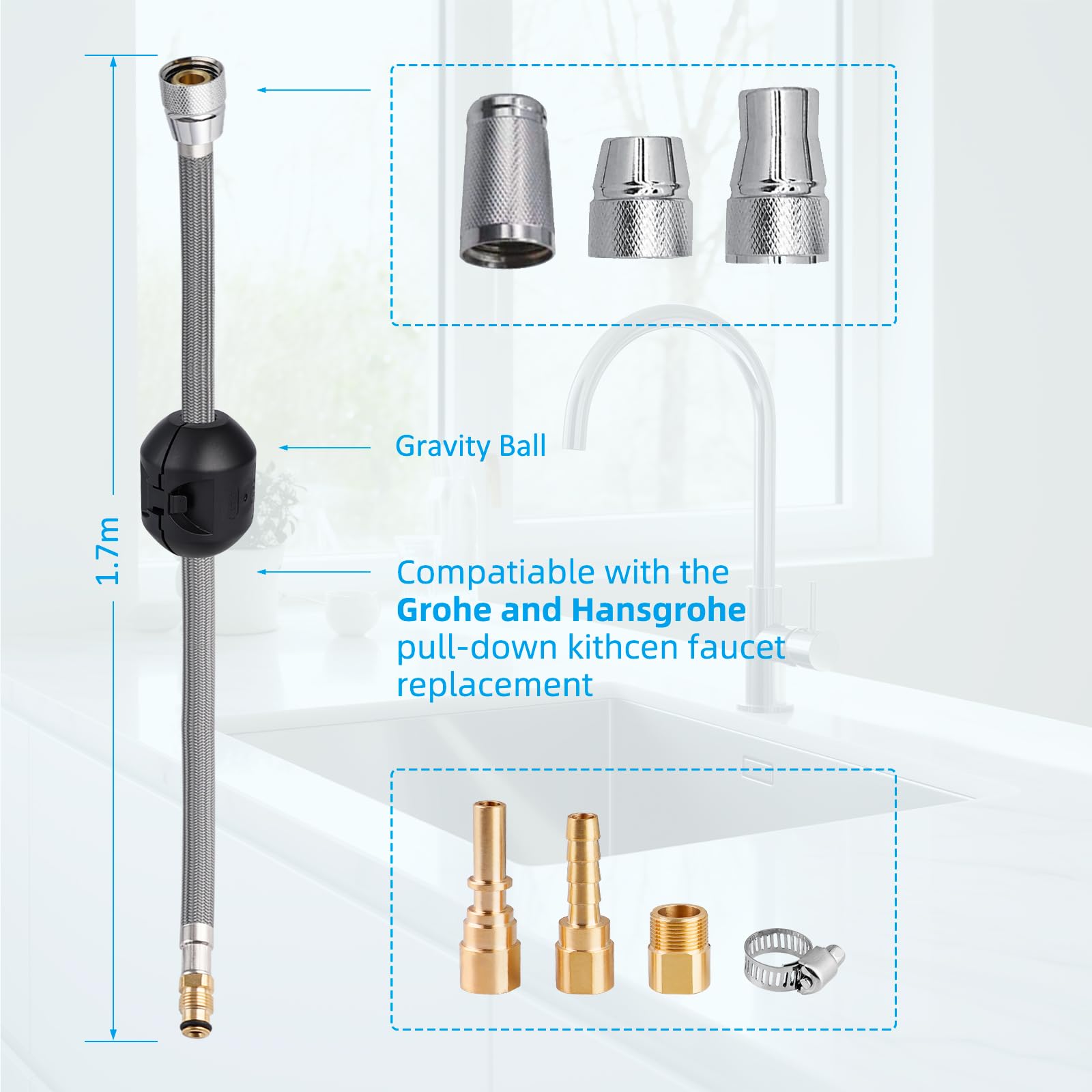 Hibbent Wymienny wąż do kranu wymiennego kompatybilny z bateriami kuchennymi Hansgrohe/Grohe z 6 adapterami, standardowy 88624000/46174000/46092000 wąż zamienny 59", w zestawie