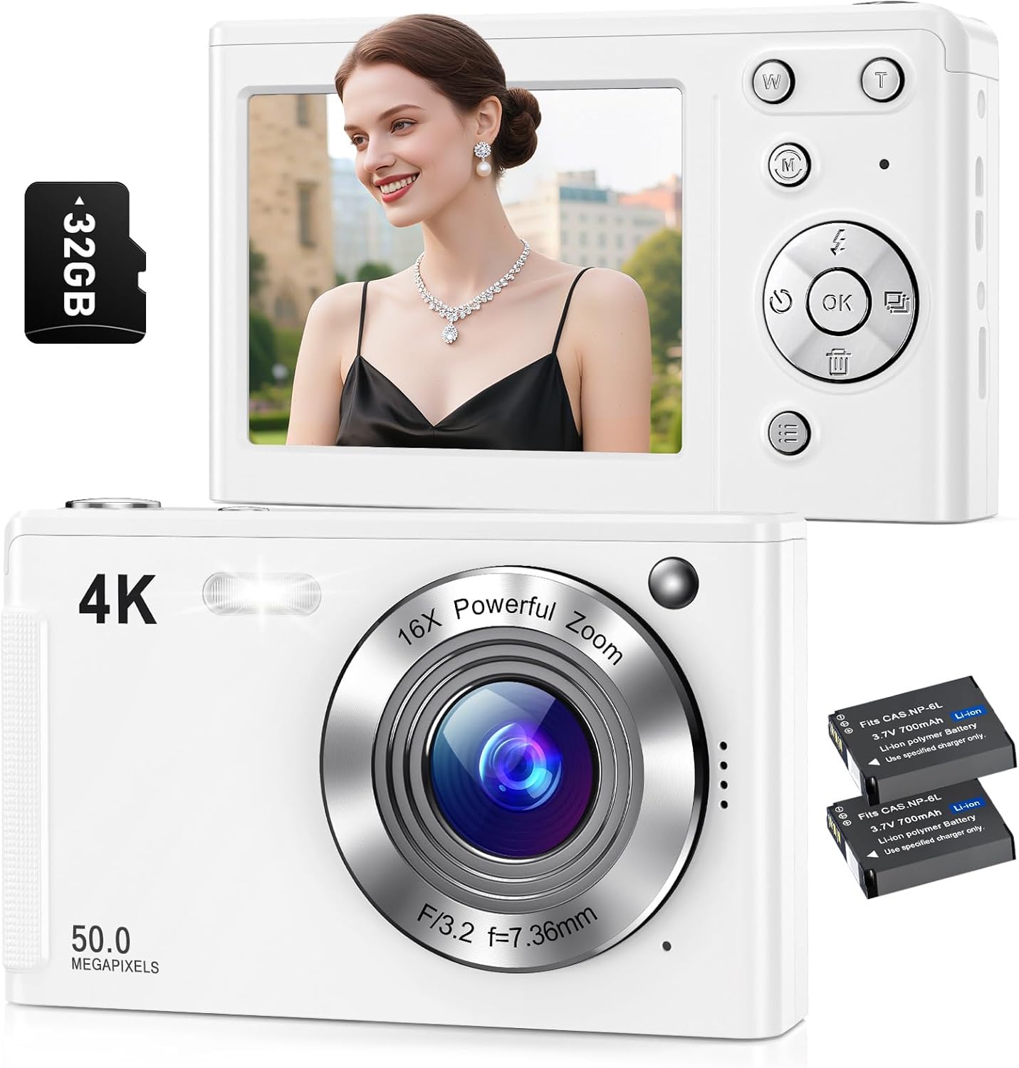 4K Digital Camera, Autofocus Vlogging Cameras for Photography with 32GB Card, 50MP Portable Compact Point and Shoot Digital Camera for Beginner Teens Adult with 16X Zoom Anti-Shake, 2 Batteries