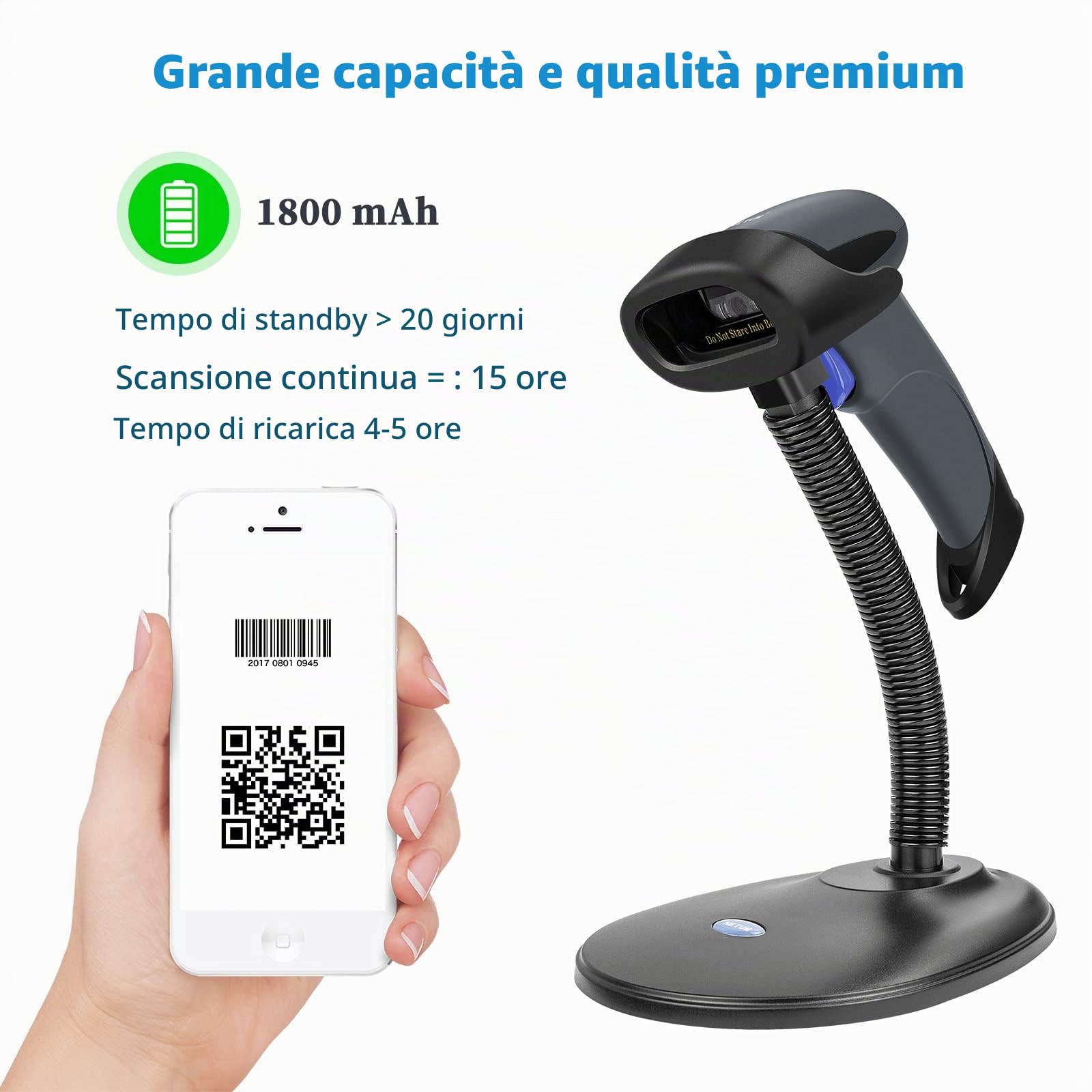 NETUM Lettore di codici a barre QR 2D con supporto, 3 in 1 Bluetooth e wireless a 2,4 GHz e USB cablato Lettore di codici a barre automatico scanner compatibile per laptop, computer, cassiere, POS