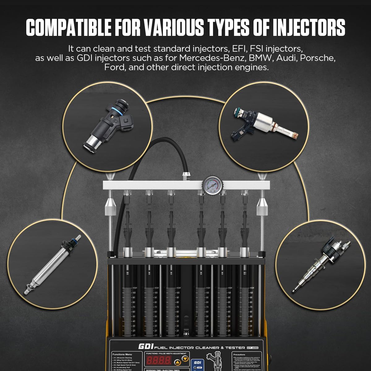 Fuel Injector Cleaner Tester, 6 Cylinder Cylinder Injector Cleaner Machine, 9 Types Adapter, 3 Cleaning & 10 Testing Functions for GDl,EFI,FSI,12V/70V/120V Option, CT400