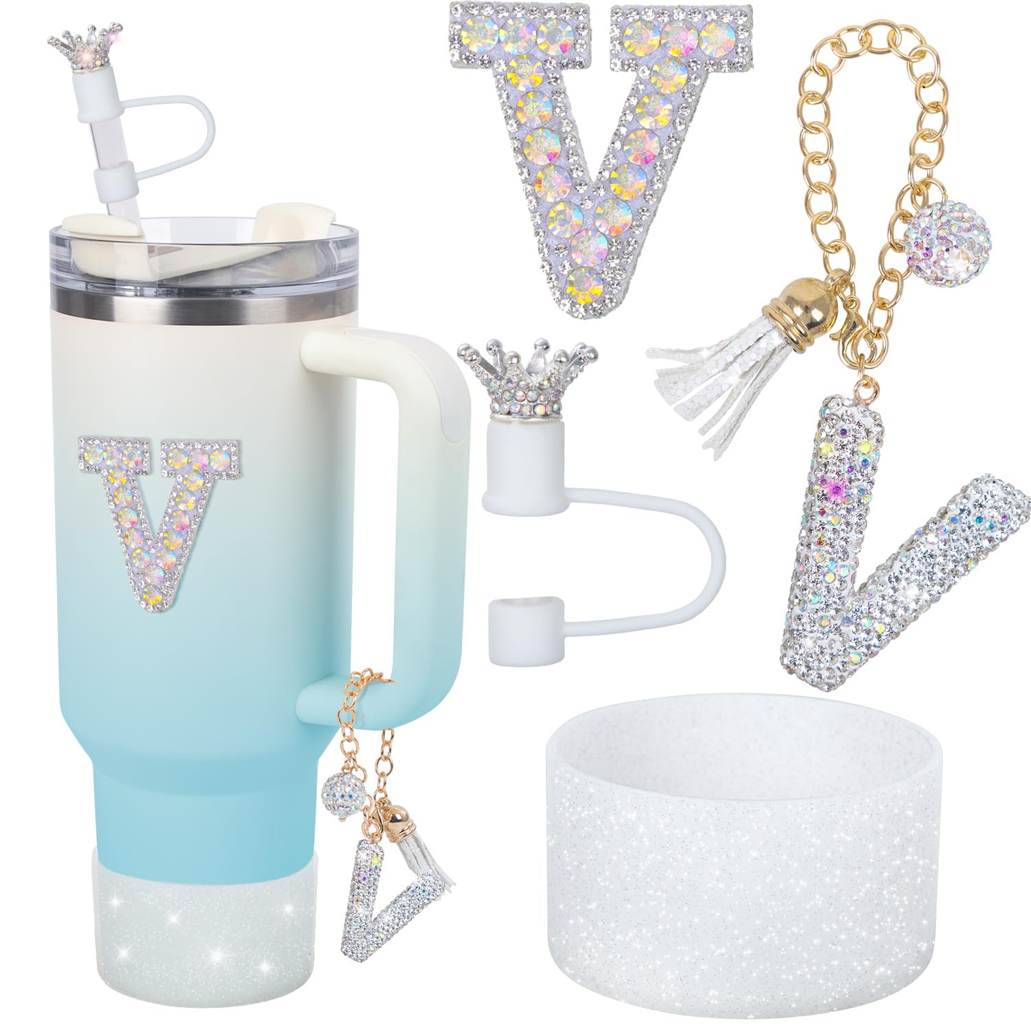 Dijes de letras para taza Stanley de 40 oz con silicona y diamantes en forma de corona (V)