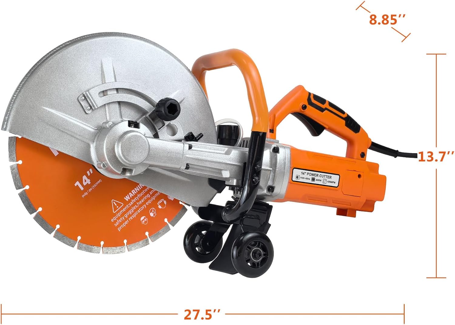 14-Inch Electric Concrete Saw 3000W, 110V Cut-Off Saw with Diamond Blade, 4.8 Max Cutting Depth, Heavy-Duty Cement Grinder for Asphalt, Brick, Stone