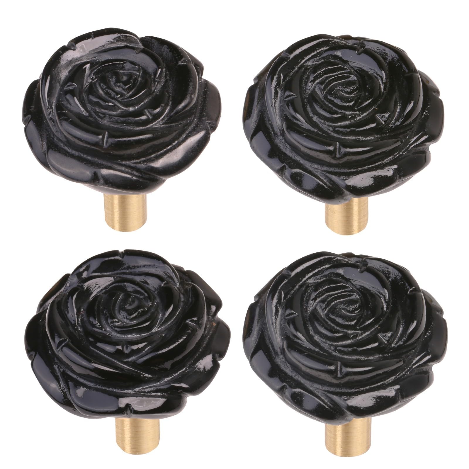 mookaitedecor Set of 4 Natural Black Obsidian Crystal Cabinet Knobs with Screws, Decorative Floral Stone Drawer Pulls for Dresser Door Kitchen