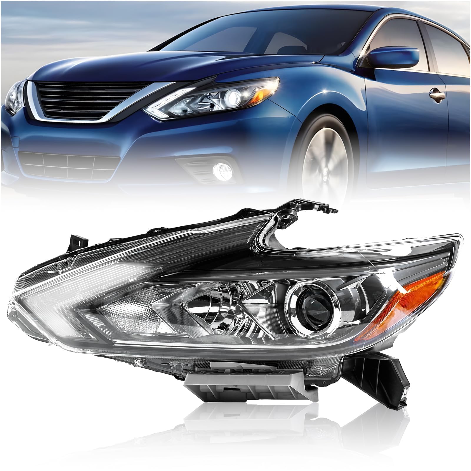 LED DRL Headlight Replacement Left Fit for Nissan Altima 2016 2017 2018 Factory Style 8 pins Projector Headlamp Smoked Lens Assembly Driver Side LH