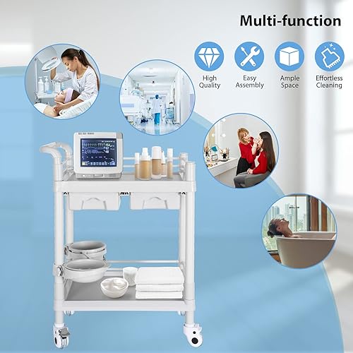 Miniatura 6 de Carrito médico móvil, carrito de 2 niveles de 120 libras, con 2 cajones, carrito con ruedas de salón de belleza con cubos de suciedad, ruedas