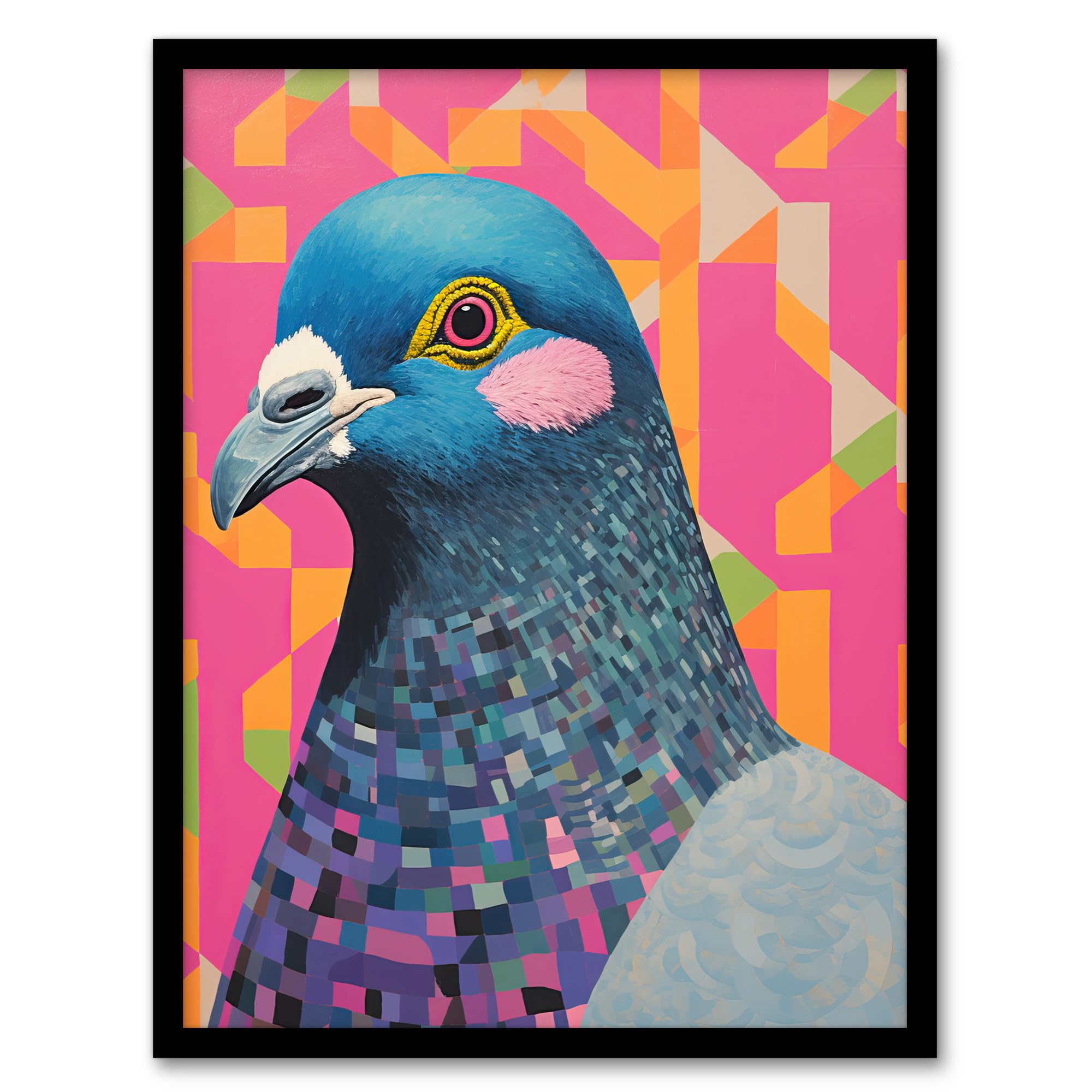 Wee Blue Coo Perky Pigeon Oil Painting Pink Orange Blue Vibrant Animal Portrait Artwork Framed Wall Art Print A4