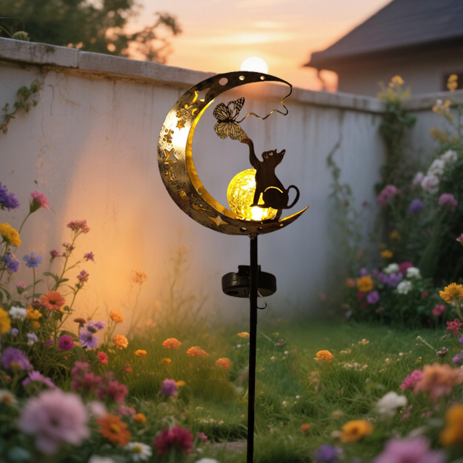 Solarbetrieben Katze Schmetterling Licht, Schöne Tier Bodenlampe mit Schmiedeeisen im Garten verziert, Drahtlose Dämmerung bis Dämmerung LED Licht wasserdicht.