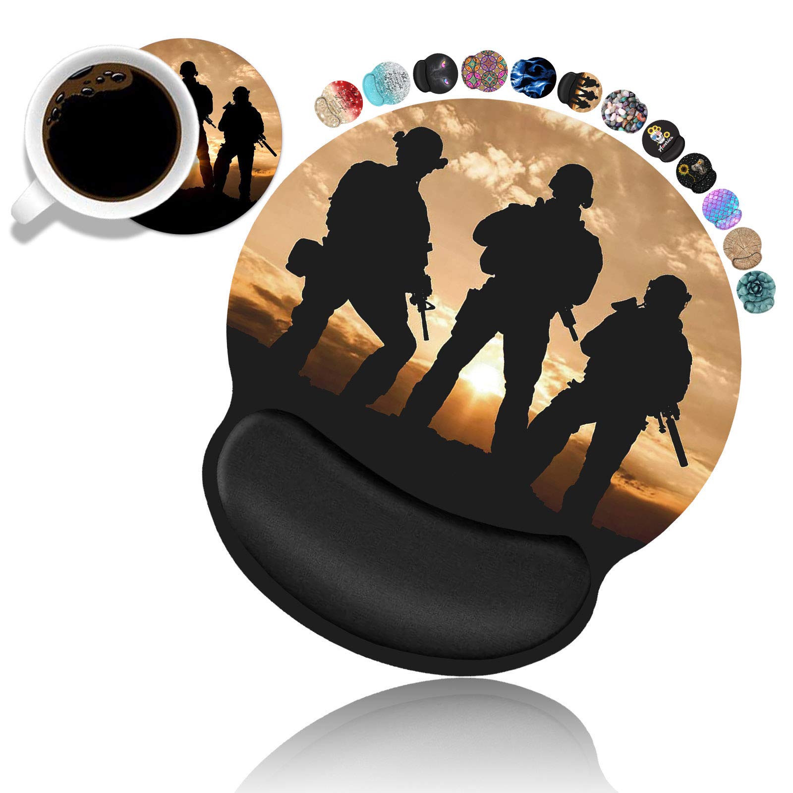 BWOOLLErgonomic Mouse Pad Wrist Support and Coasters Set, Cute Wrist Rest Pad with Non-Slip PU Base for Home Office Working Studying Easy Typing & Pain Relief, American Army Troops Military