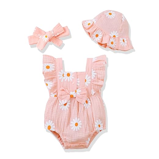 Renotemy Baby Girl Clothes Infant Summer Romper Cotton Linen Newborn Essentials Photography Preemie Outfits with Hat&Headband