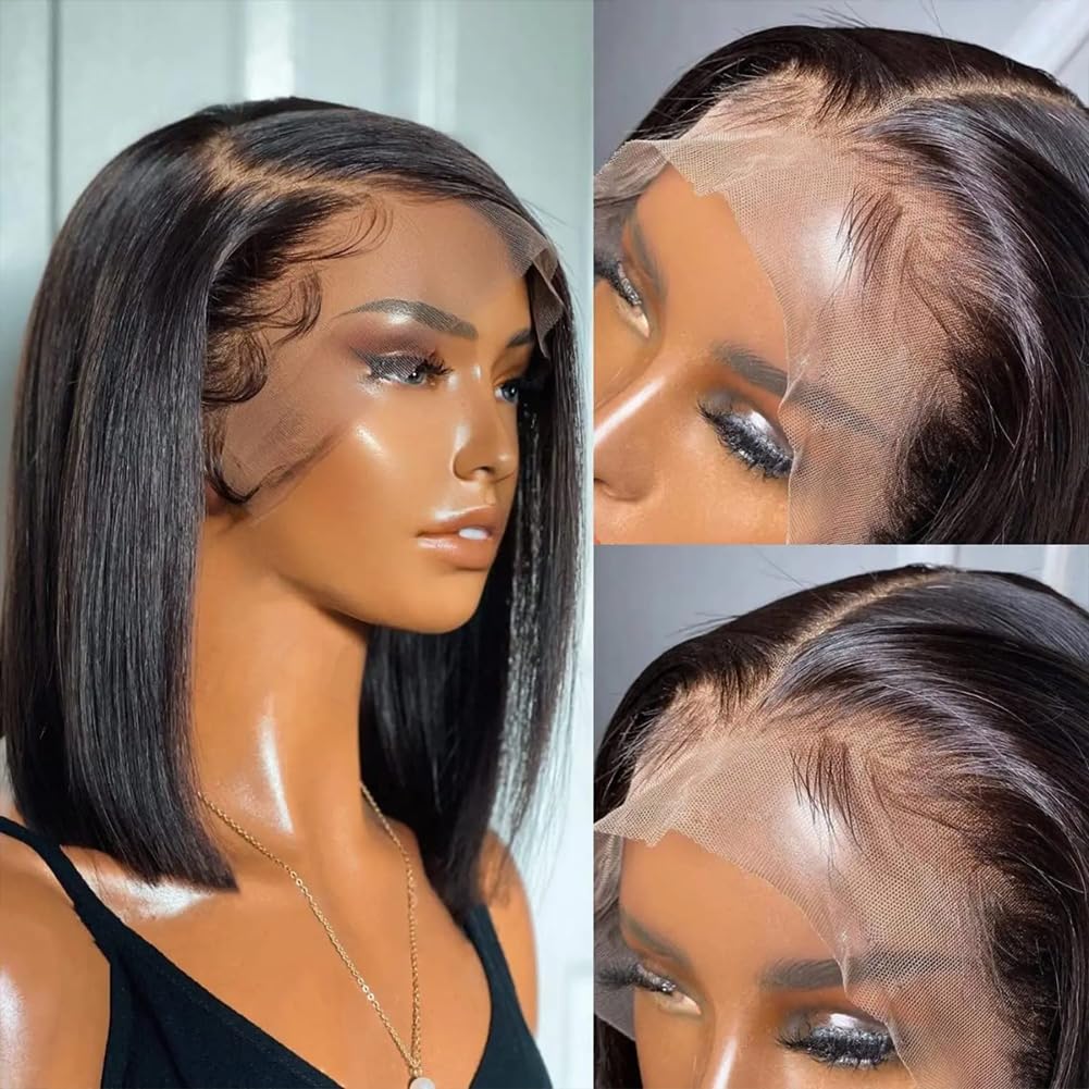 12 Inch Straight Bob Wigs Human Hair 13X4 HD Frontal Lace Wig Short Shouder Length Bob Wigs For Women Glueless Bob Lace Front Wigs Human Hair Pre Plucked 180% Density Middle Part Natural Black - Image 4
