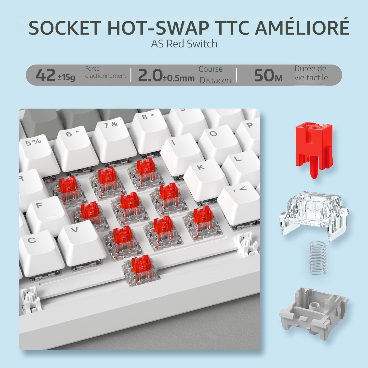 AJAZZ AK820 75% TKL Clavier Mécanique Filaire avec Hot-Swap Switch Rouge AS
