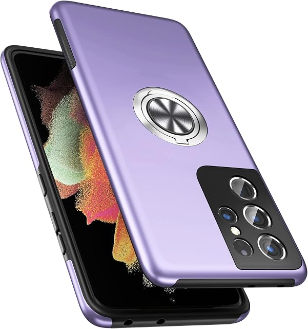 CTMWWNG Military Grade Case for Samsung Galaxy S21 Ultra 5G, [Embedded Ring Holder] Shockproof Phone Case Cover with Reinforced Metal Stand Kickstand [Support Magnetic Mount] for S21 Ultra, Purple