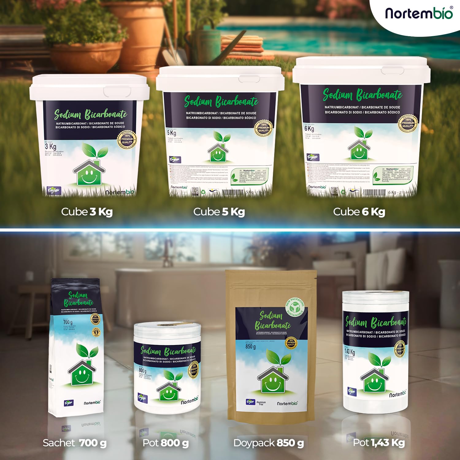 Nortembio Bicarbonate de Soude 4 x 6 Kg 100% Naturel pour Nettoyage Multi-usage. Sans Aluminium. Élimine Odeurs et Saleté. Cuisine, Salle de Bain, Textiles. E-Book Inclus