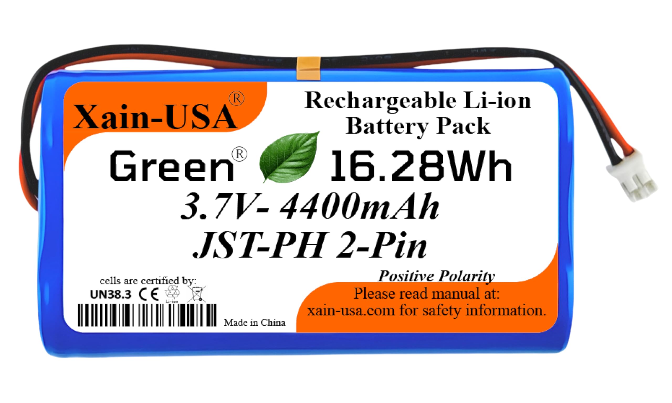 (1-Pack) 3.7V 4400mAh Li-ion Rechargeable Battery Pack with JST-PH2.0 2-Pin Connector for Electronics, LED Lighting, Outdoor Lights, Toys, GPS, Meshtastic Solar Node Projects, Speakers, Fire Alarm