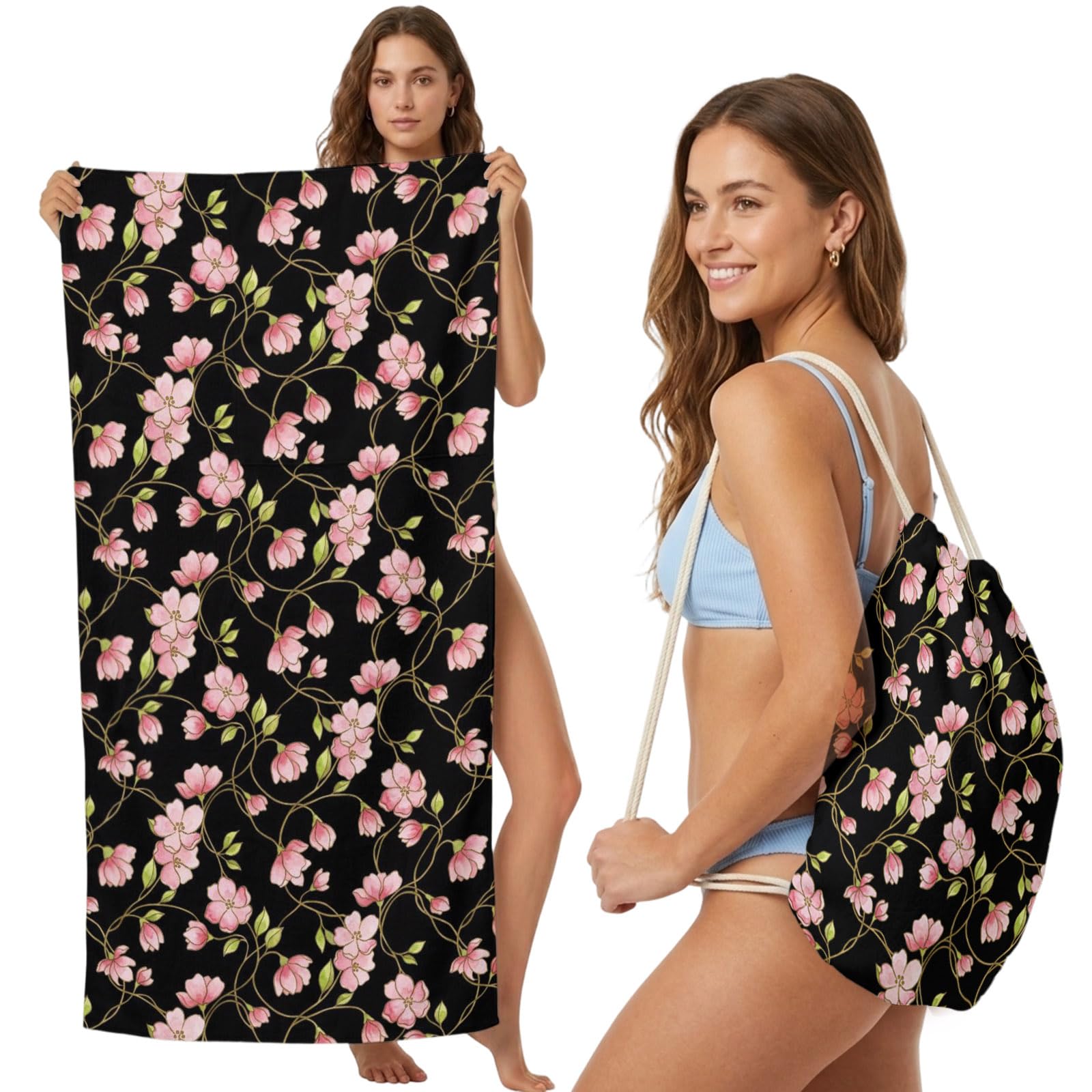 Beach Towel Bag 2 in 1 Pink Floral Vines Bath Pool Towels Backpack Buds Bloom Petals Black Absorbent Beach Towel Soft Quick Dry Lightweight Packable Towels Drawstring Bag for Travel Sports Yoga