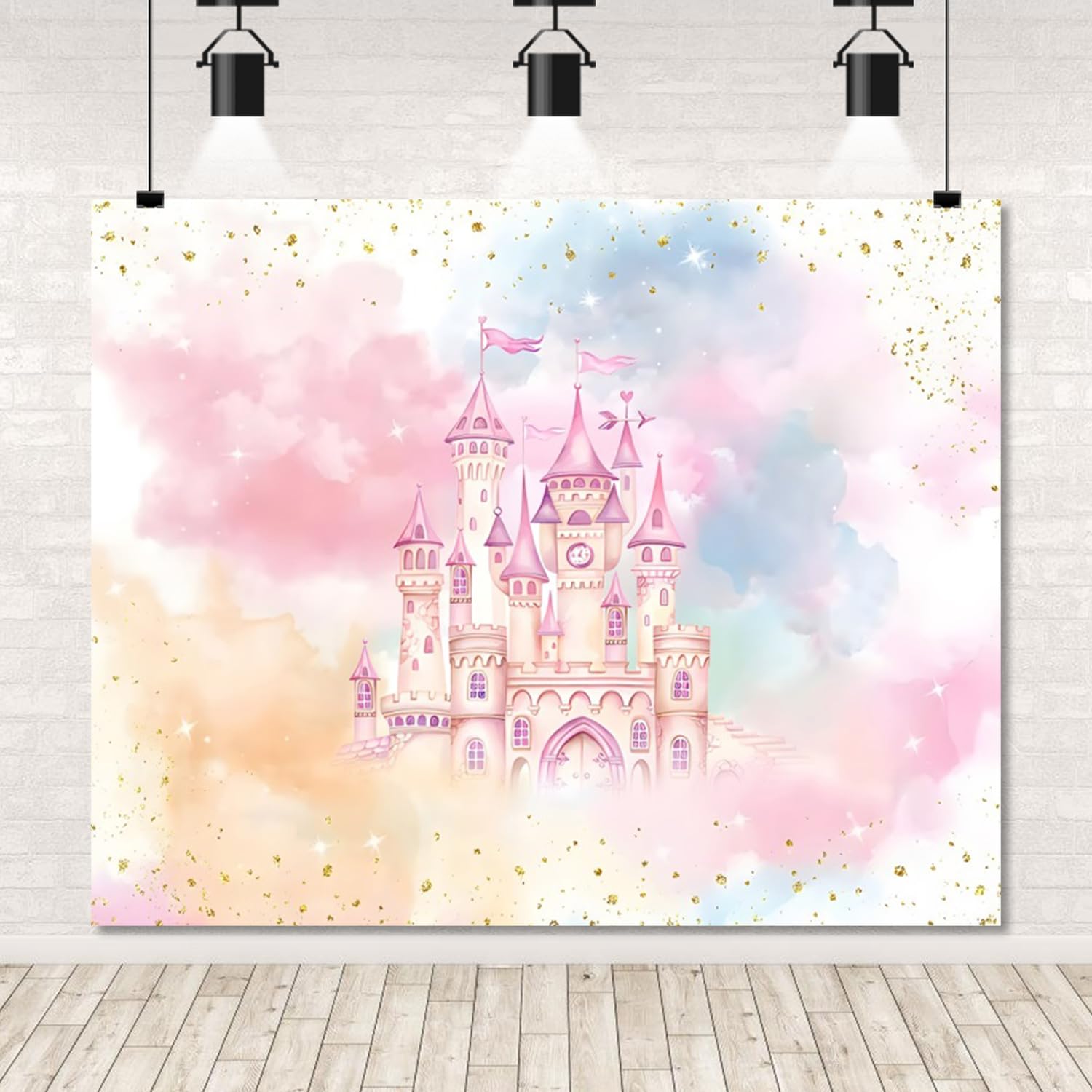 Photo 1 of 10x8ft Princess Castle Backdrop Fairytale Castle Backdrop Pink Fantasy Pastel Rainbow Birthday Party Decorations for Girl Party Cake Table Banner Photoshoot Supplies