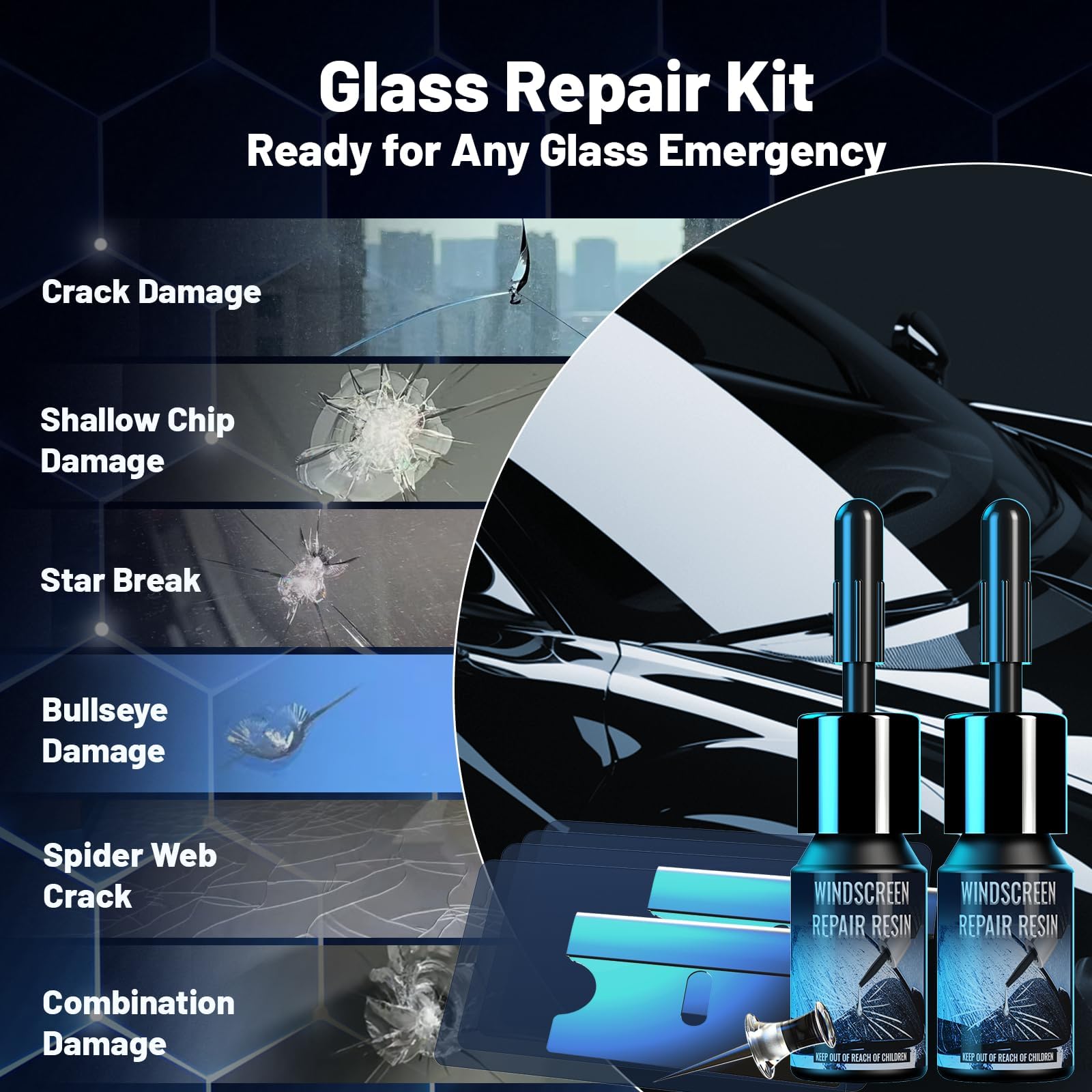Windshield Repair Kit, DIY Car Windshield Crack Repair Kit – 2 Bottles Nano Glass Repair Liquid, Fix Chips, Bullseye & Star Cracks — view 2