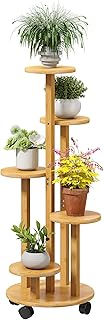 FILWH 5 Tier Plant Stand Outdoor Indoor Tall Bamboo Movable Flower Stand with Wheels Plant Shelf Pot Holder Plants Corner ...