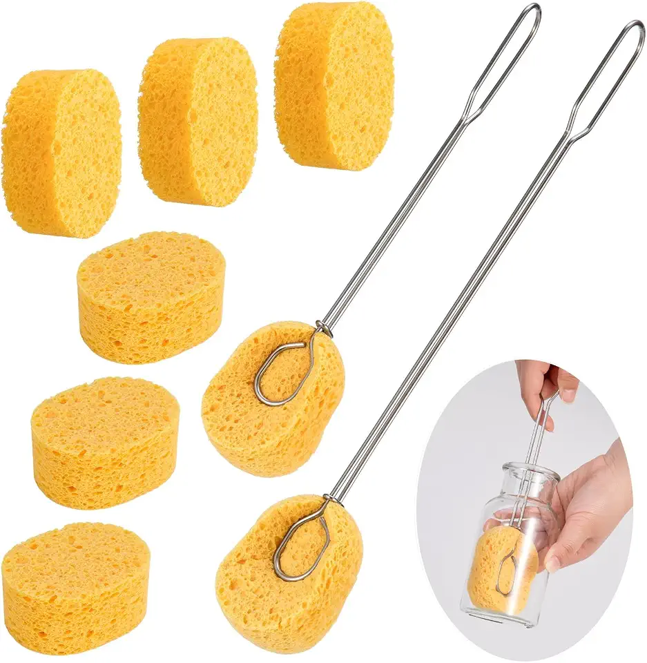 Cellulose Sponge Bottle Brush Set, Eco Friendly Non Scratch Scrubber, Durable Soft Cleaner, Interchangeable Handle Washer for Bottle Glasses Coffee Mugs, 6 Replacement Sponges Long Short Handles
