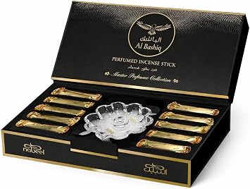 Nabeel Al Bashiq Perfumed Incense Stick Set with Crystal Holder, Luxury Oriental Home Fragrance, Individually Wrapped Sticks, Premium Gift Box