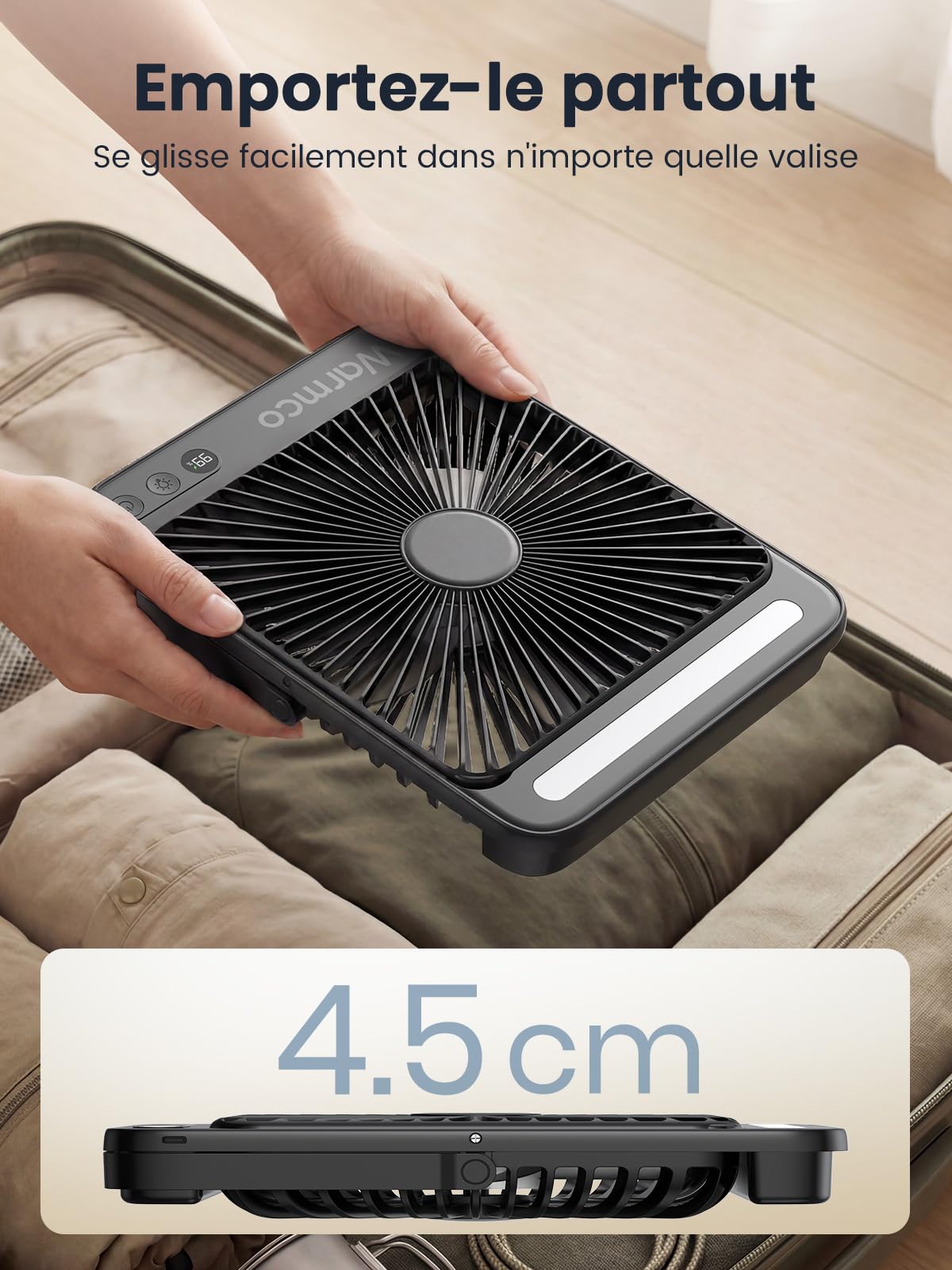 Warmco D4 Ventilateur Camping Rechargeable 20000mAh, Jusqu’à 48 h | Ultra-Mince, Lumière LED, Crochets, Ventilateur Rechargeable Pour Camping, Croisière, Extérieur, Chambre