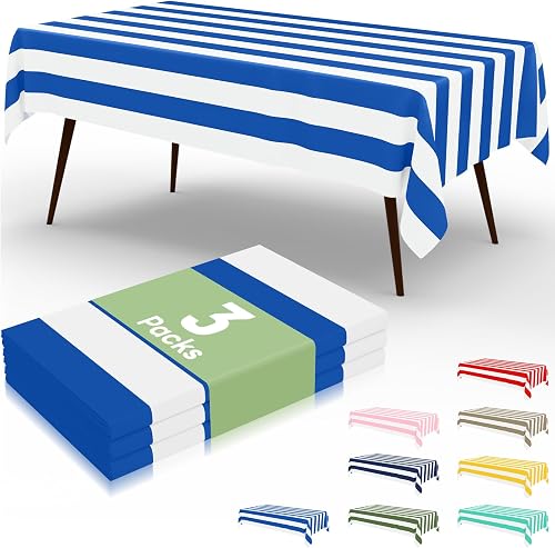 misaya 3 Packs Striped Disposable Table Cloth, 54 x 156 Inch Waterproof Rectangle Tablecloth, Leakproof & Sturdy Decorative Table Covers for Picnic, Party and Outdoor, Blue and White