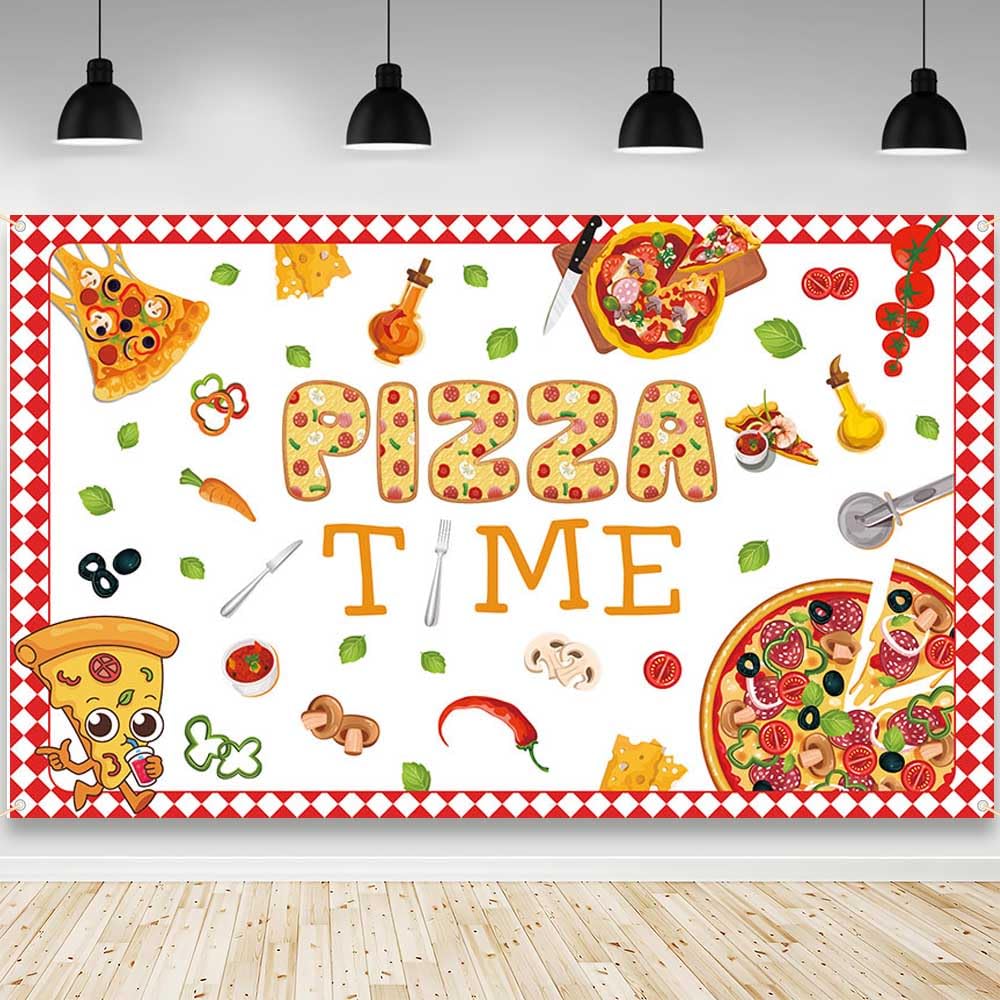 AIBIIN Pizza Backdrop Pizza Time Photography Background Cooking Pizza Birthday Party Decoration Supplies Banner Photo Booth Studio 70.8 x 43.3 inch