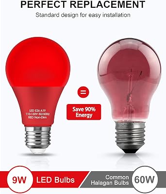Fulighture Red Light Bulbs,4 Pack,Christmas Light Bulbs 9W(60W Equivalent)
