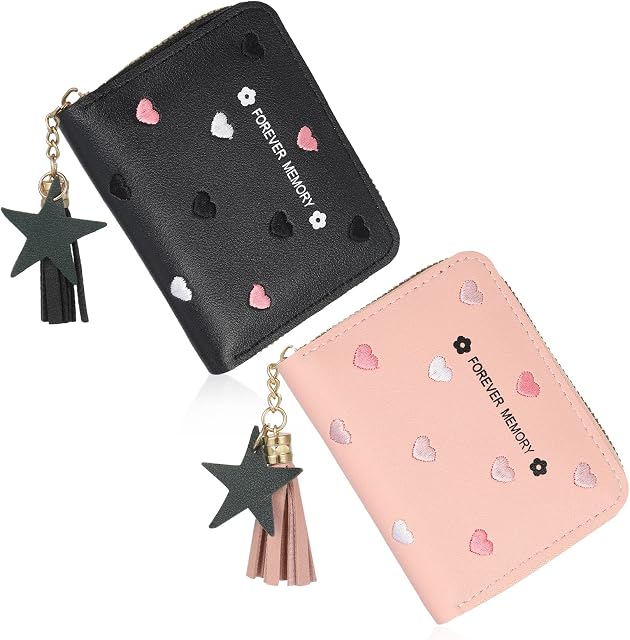 Dacitiery 2pcs Lady Purse Wallet, Small PU Leather Purse with Star Pendant, Women Credit Card Holder, Coin Zipper Short Purse with Embroidery Heart Pattern Gift for Women Girls