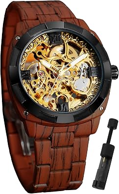 FORSINING Mens Skeleton Mechanical Vintage Watch, Wooden Color Stainless Steel Band with Carving Hollow Dial Wristwatch, Automatic Self-wind Men Watches