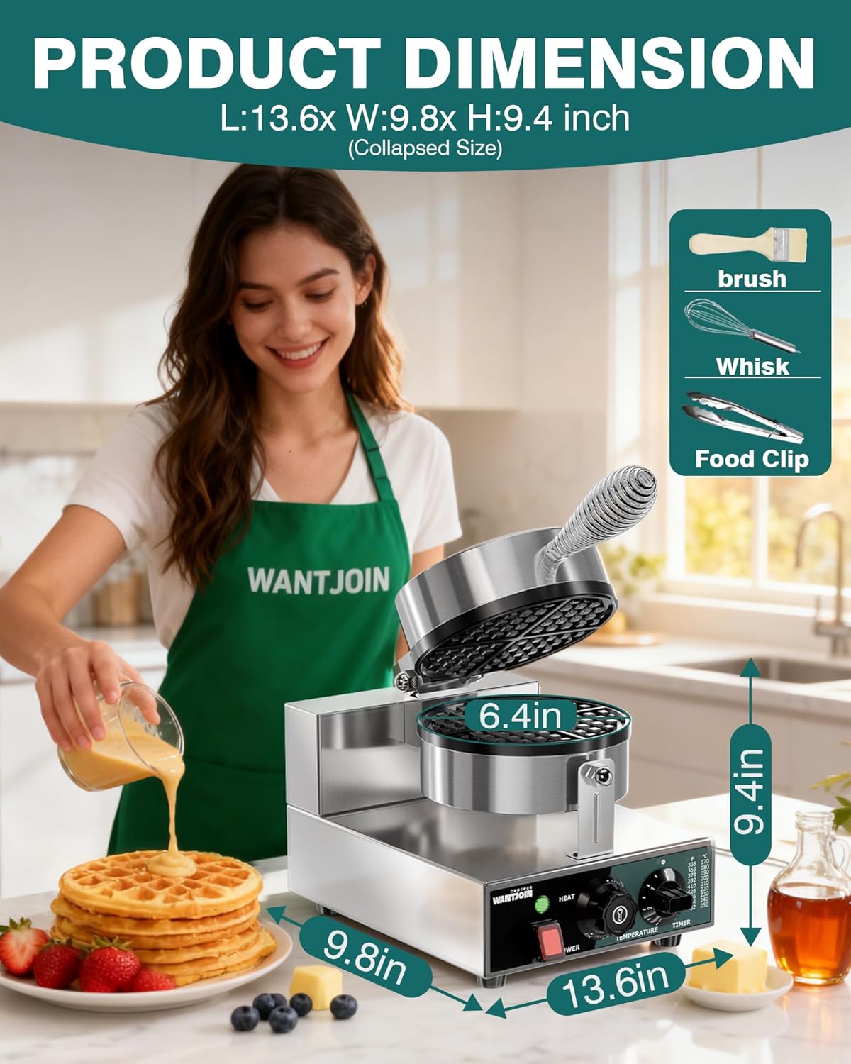 WantJoin Commercial Waffle Maker - 1300W Non-stick Waffle Iron, 20Pcs/H Stainless Steel Round Belgian Waffle Machine, Time Control and Temperature Adjustable, for Home Kitchen, Breakfast Restaurant