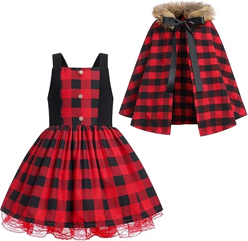 Miniatura 1 de Vestido de fiesta de Navidad para mujeres y niños vestido de tutú a cuadros rojos con capa con capucha disfraz familiar a juego