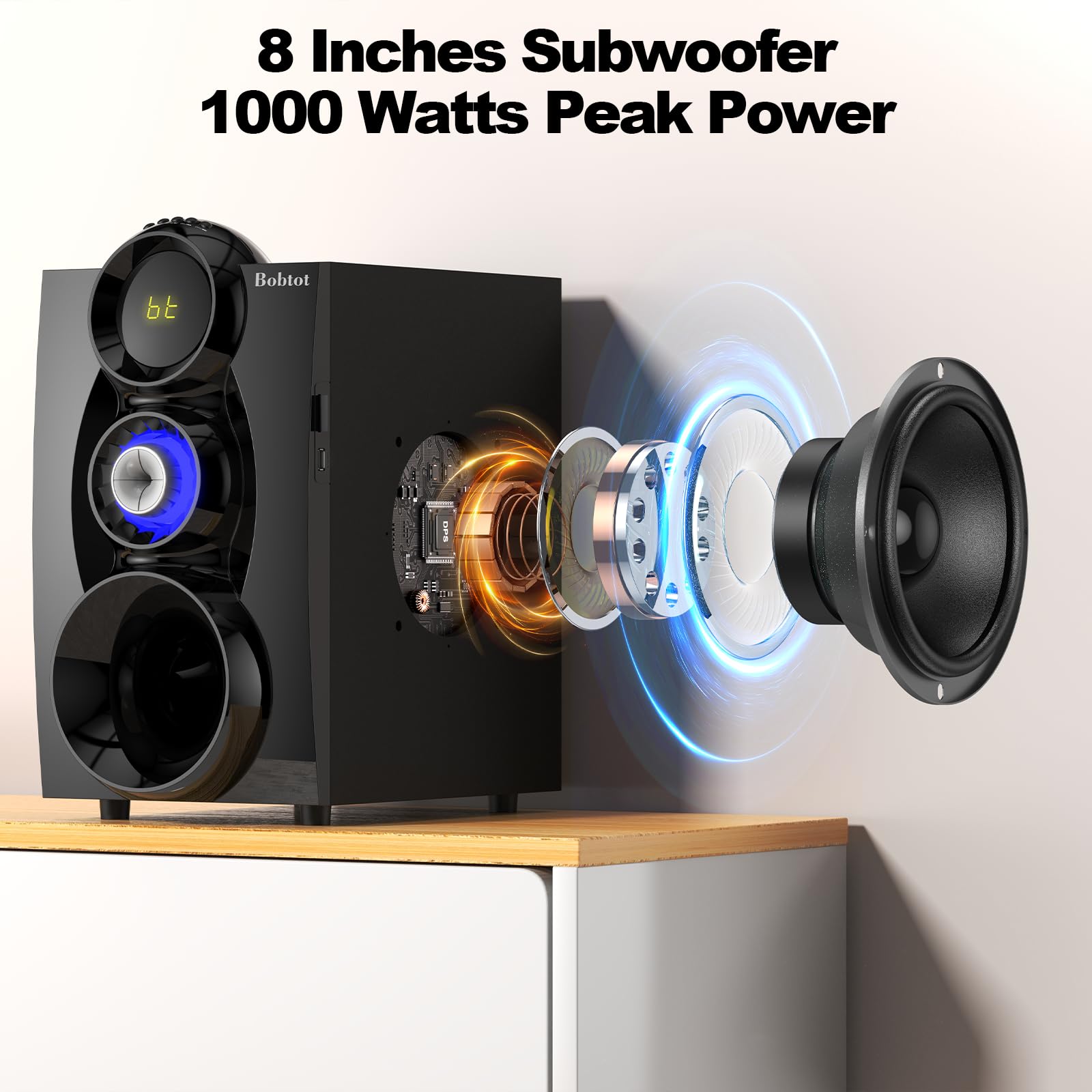 Bobtot Sistema senza fili del teatro domestico del sistema audio surround, subwoofer a 8 pollici | Altoparlanti surround 1000W 5.1/2.1 canali bassi profondi con ingresso karaoke Bluetooth ottico ARC