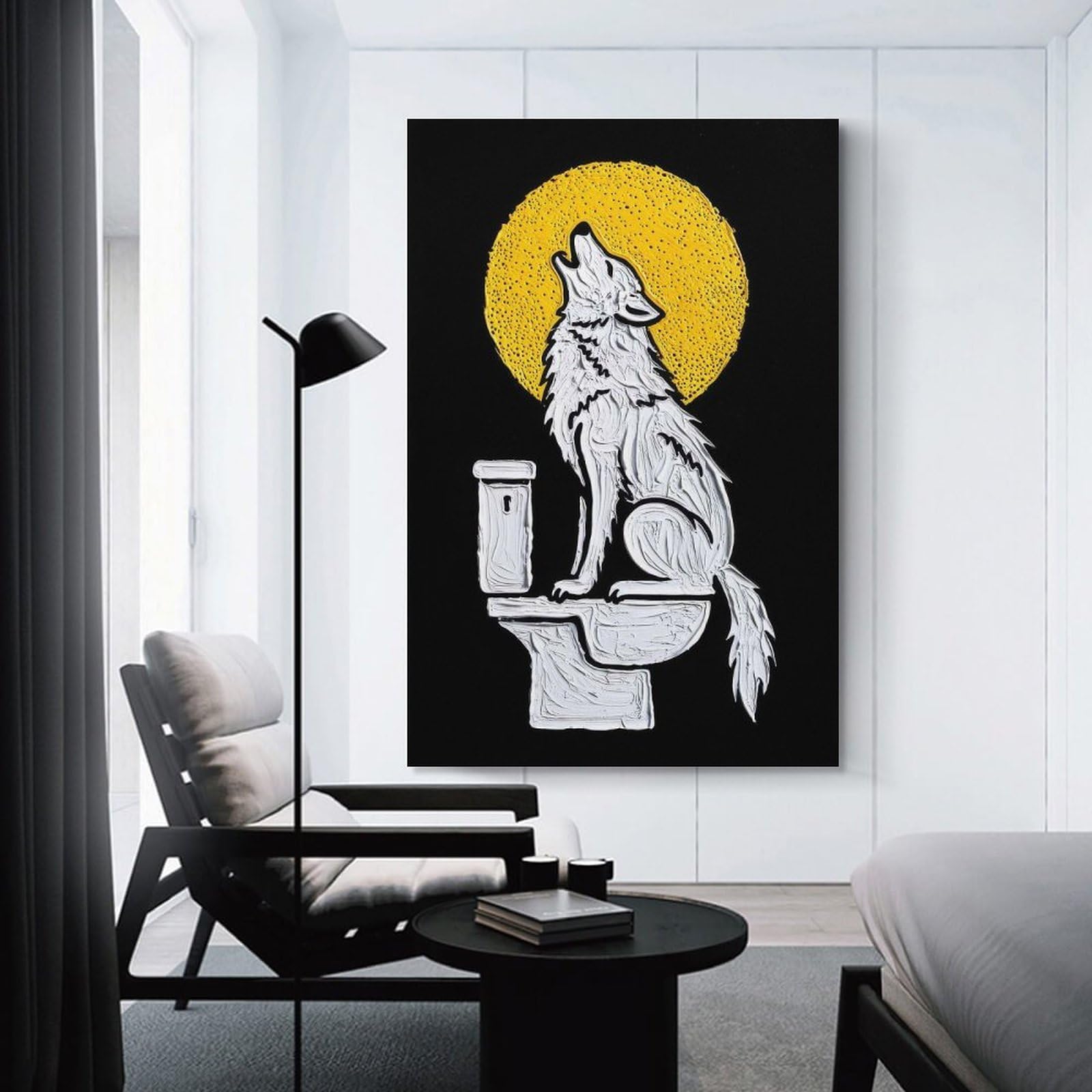 Junmoney Unframe-Style-15 Canvas Art Print Wolf Howling On Toilet Seat Art, 08X12inch(20X30cm), For Office, Study Or Home Workspace, Wall Art That Adds Style To Work Areas