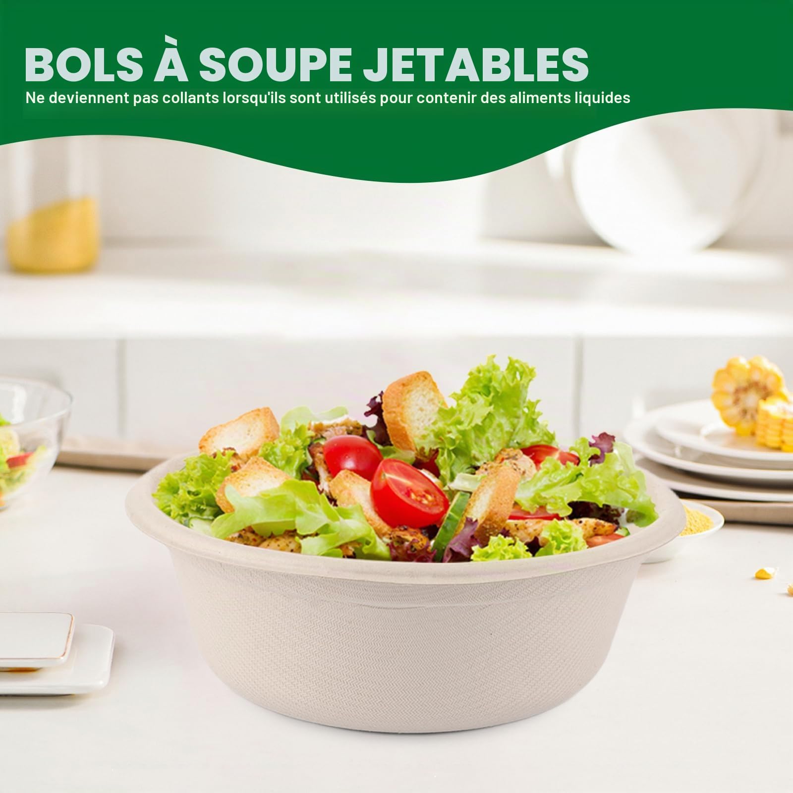 150 Pièces Bol Jetable 500ml Soupe, Bols Jetables Bagasse de Canne à Sucre, Bols Jetables 500 ml, Compostable pour Fête Mariage Pique-nique
