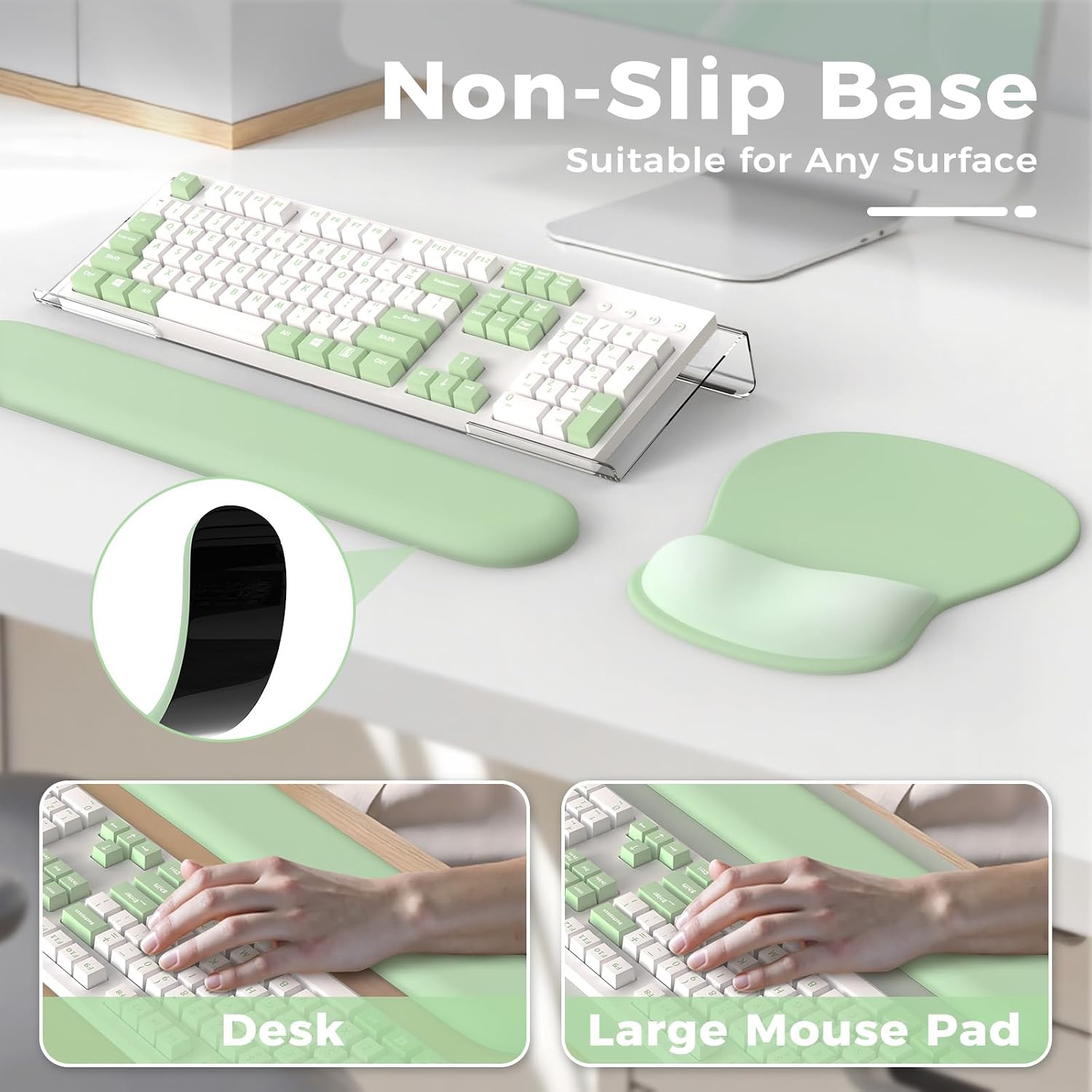 iCasso Keyboard Wrist Rest,Ergonomic Mouse Pad with Wrist Support,Acrylic Clear Keyboard Stand for Desktop,Non-Slip Mousepad Set for Office Home Gaming (Green)