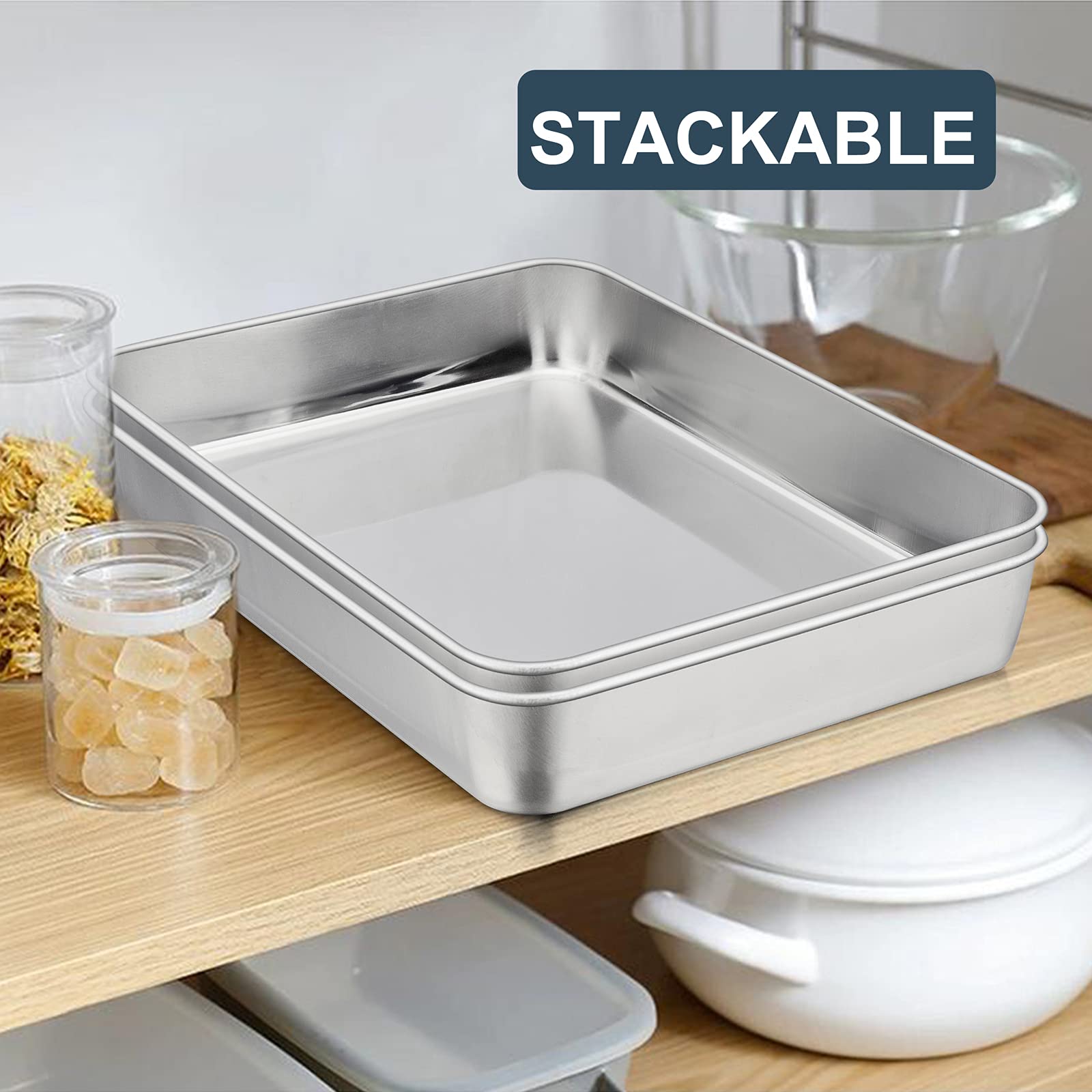 Joyfair Set di 2 teglie da forno piccole in acciaio inox, teglie da forno profonde, rettangolari, per torte, brownie, lasagne, casseruole, 23 x 17 x 5 cm, resistente, finitura opaca e lavabile in