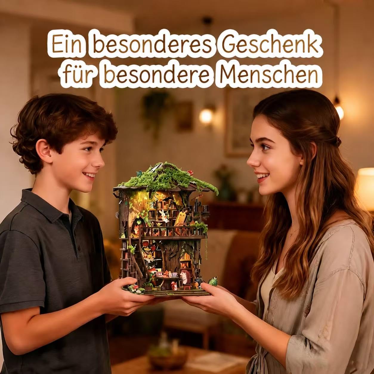 DIY Miniature House Kit, Forest Tea Book Club Fantasy Fairy Forest 3D Wooden Dollhouse with LED Light, Wooden Puzzle Building Model Kit, Stress Relief Creative Craft Gift for Adults Teens