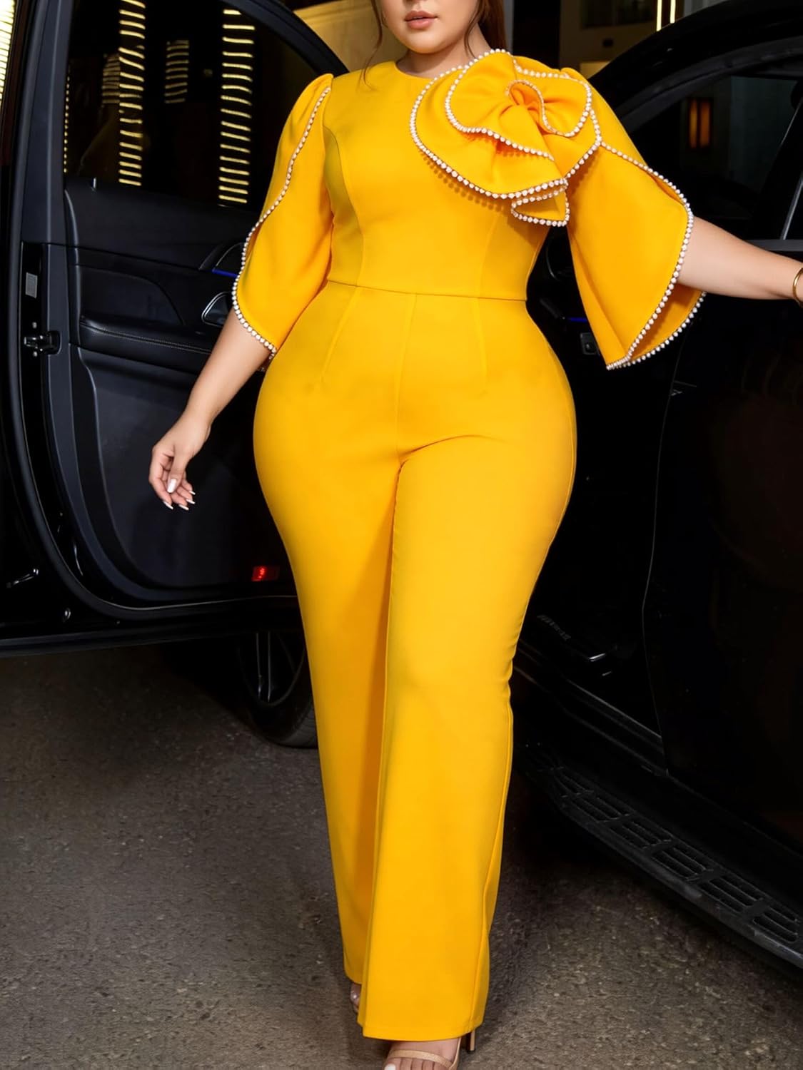 ONTINVA 3D Flower Elegant Jumpsuits for Women Dressy Formal Casual Long Straight Pants Pearl Wedding Business Jumpsuit