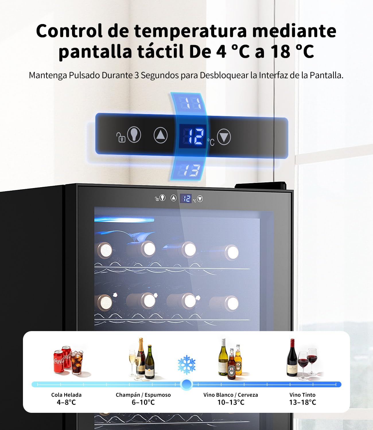 WIE Vinoteca 24 Botellas 70L, Nevera Vinos, con Control Táctil 4-18°C, Iluminación LED, Cava de Vino, ＜43dB, Protección UV, para Vino Tinto/Blanco, Cerveza, Bar Interior | 70L Nevera Profesional 6-Estantes Soporte Ajustable Protección Anti-UV Refrigeració