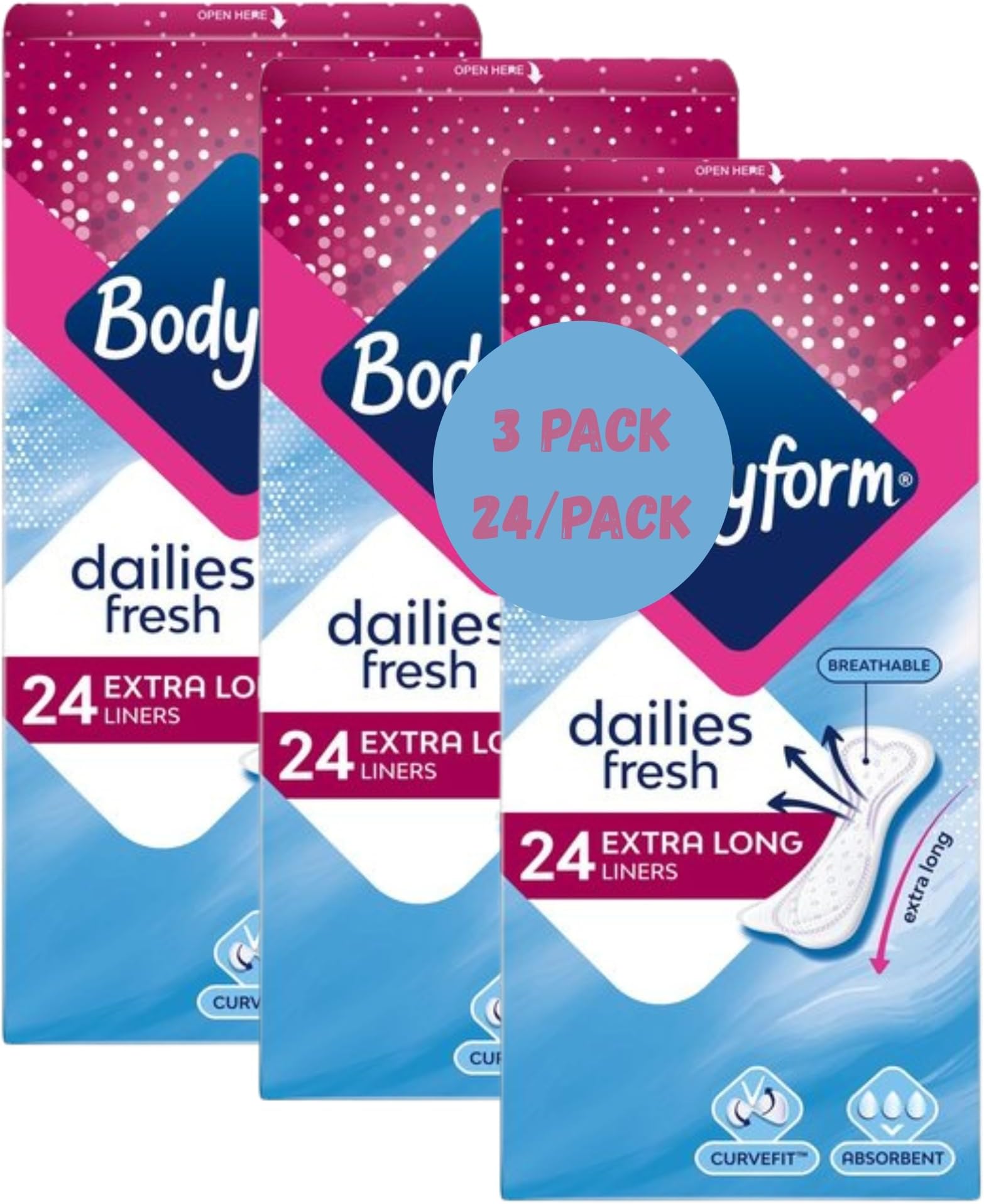 Extra Long Panty Liners for Women | 3 Pack x 24 Body Form Panty Liners Extra Long Dailies per Pack