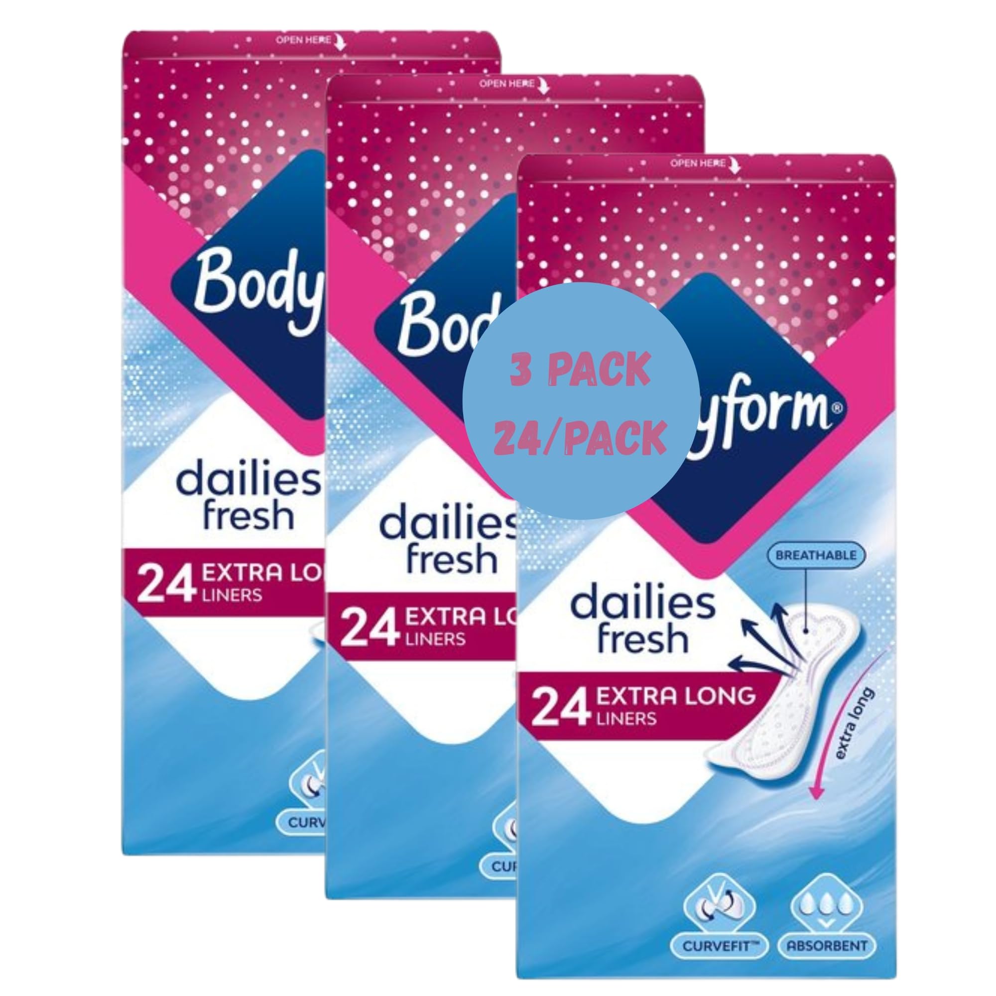 Extra Long Panty Liners for Women | 3 Pack x 24 Body Form Panty Liners Extra Long Dailies per Pack