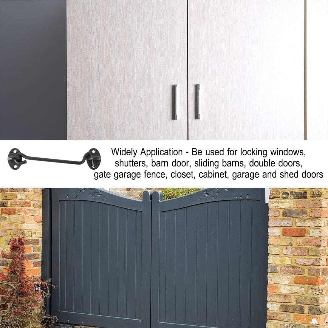 Lock Hooks and Eye LatchHook and Eye Latch Gate Bolt Gate Hook Lock,16 Inch Cabin Hook,Stainless Steel Eye Latch Privacy Hooks Door with Screws Lock for Gate Shutters Window Slide Barn Shed Black,2pcs